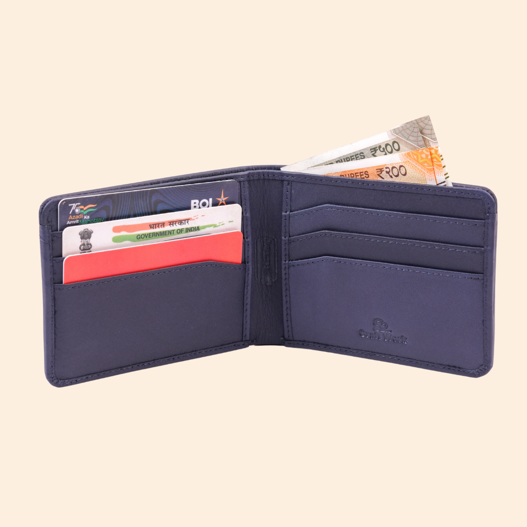 Premium Leather Wallet with Coin Pocket & ID Window for Men | Navy Blue