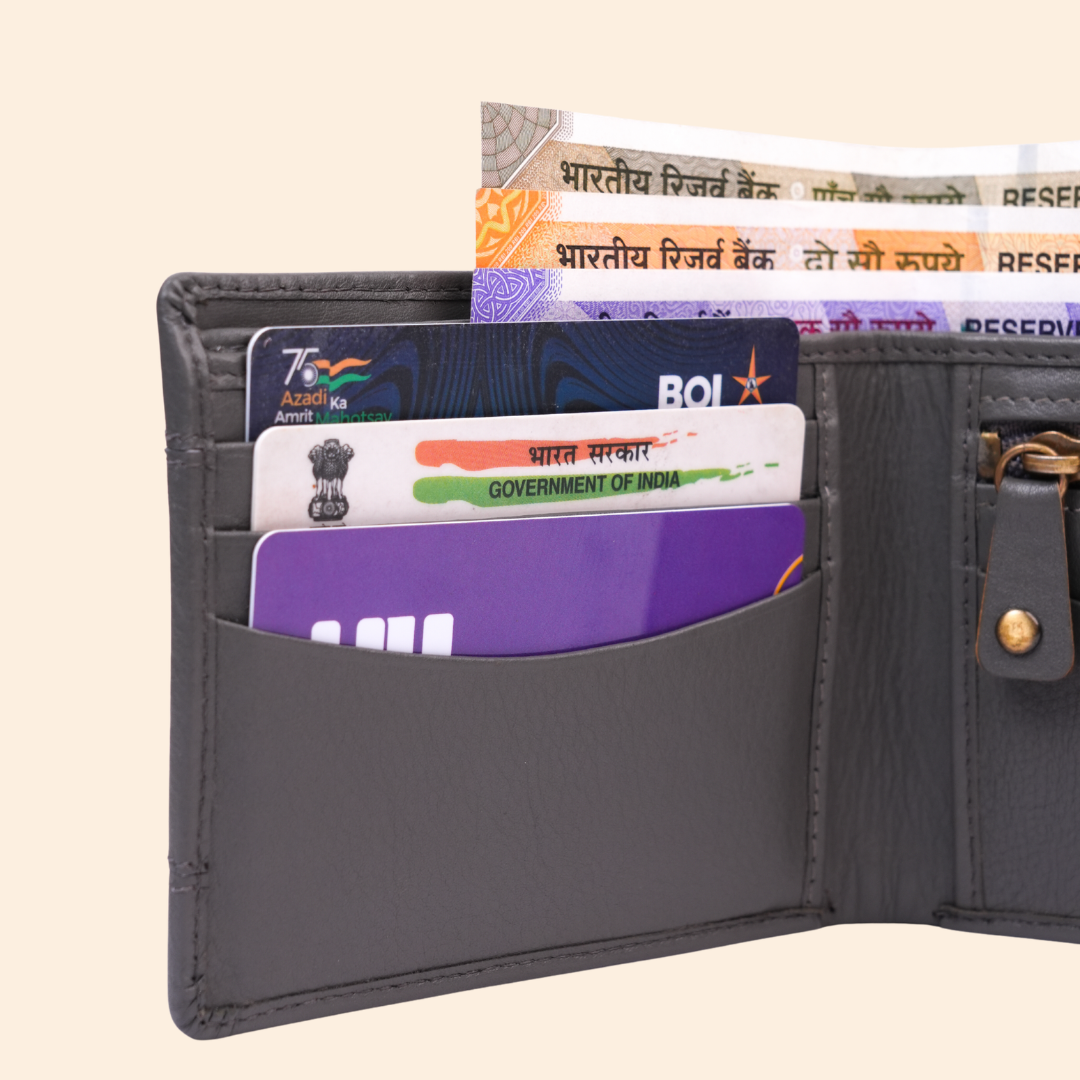 Grey Wallet for Men with Zipper Compartment
