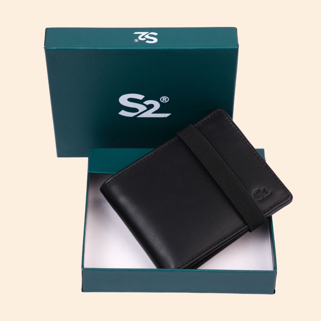 Black Slim Wallet for Men with Elastic Strap