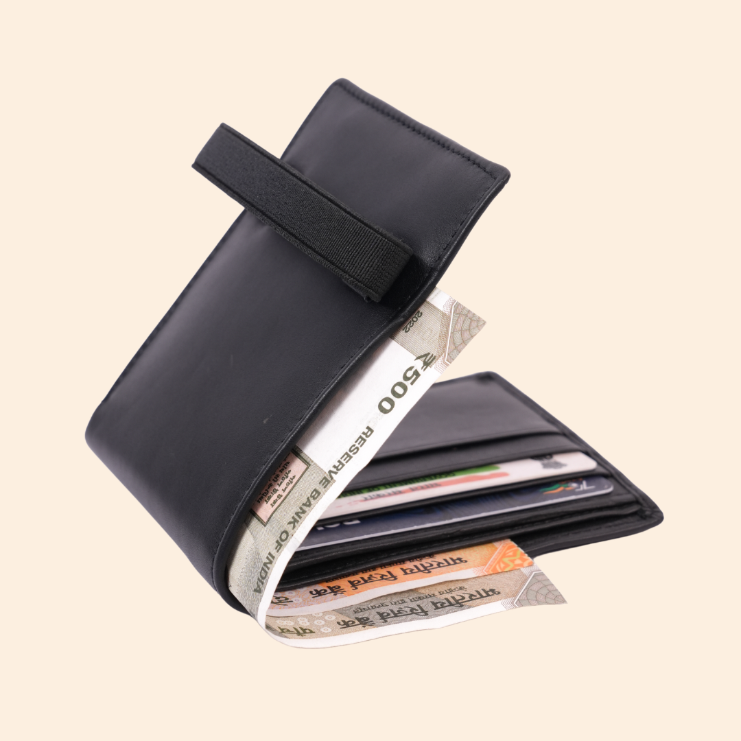 Black Slim Wallet for Men with Elastic Strap