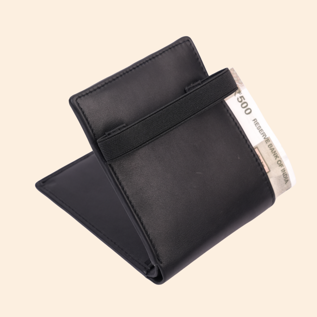 Black Slim Wallet for Men with Elastic Strap
