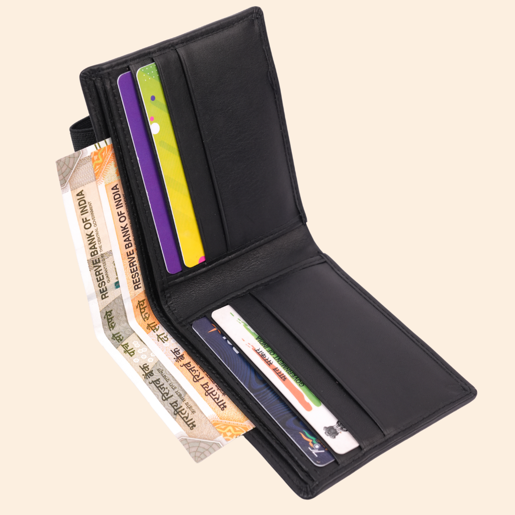 Black Slim Wallet for Men with Elastic Strap