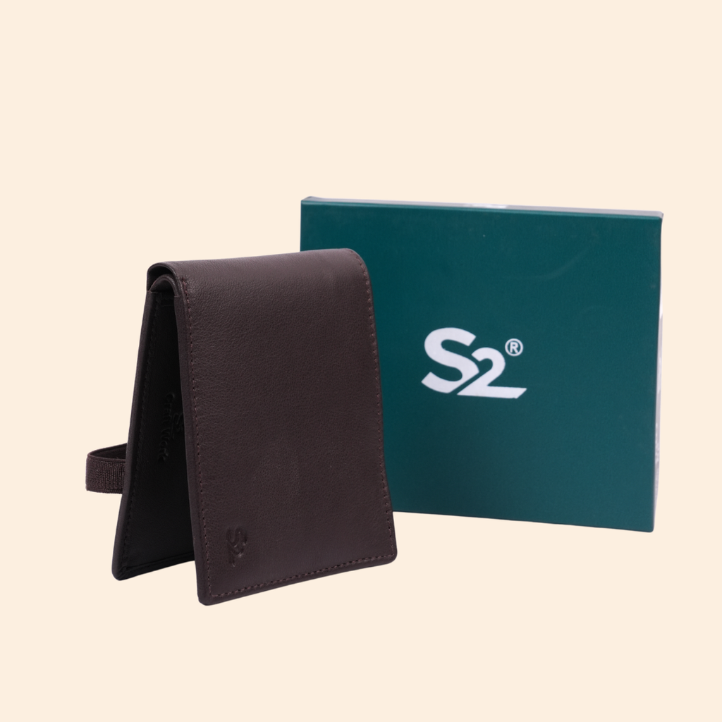 Dark Brown Slim Wallet for Men with Elastic Strap