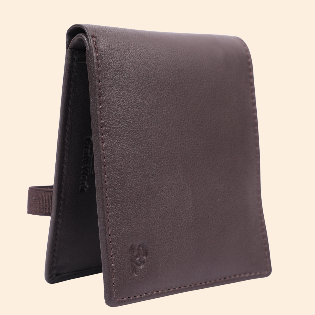 Dark Brown Slim Wallet for Men with Elastic Strap