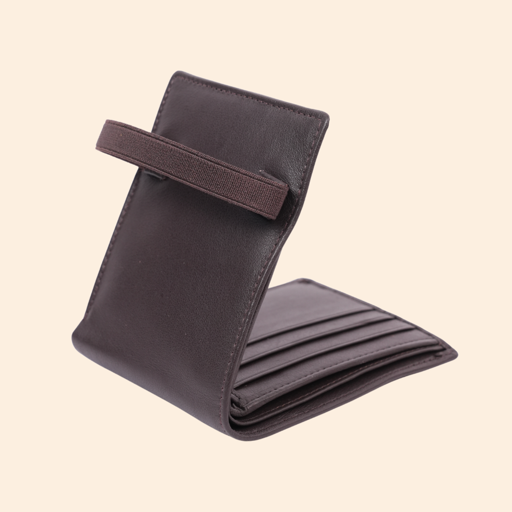 Dark Brown Slim Wallet for Men with Elastic Strap