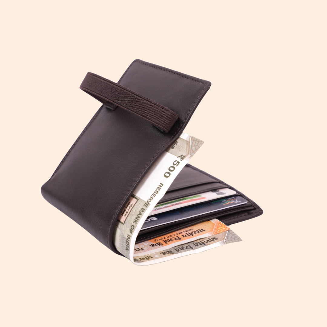 Dark Brown Slim Wallet for Men with Elastic Strap