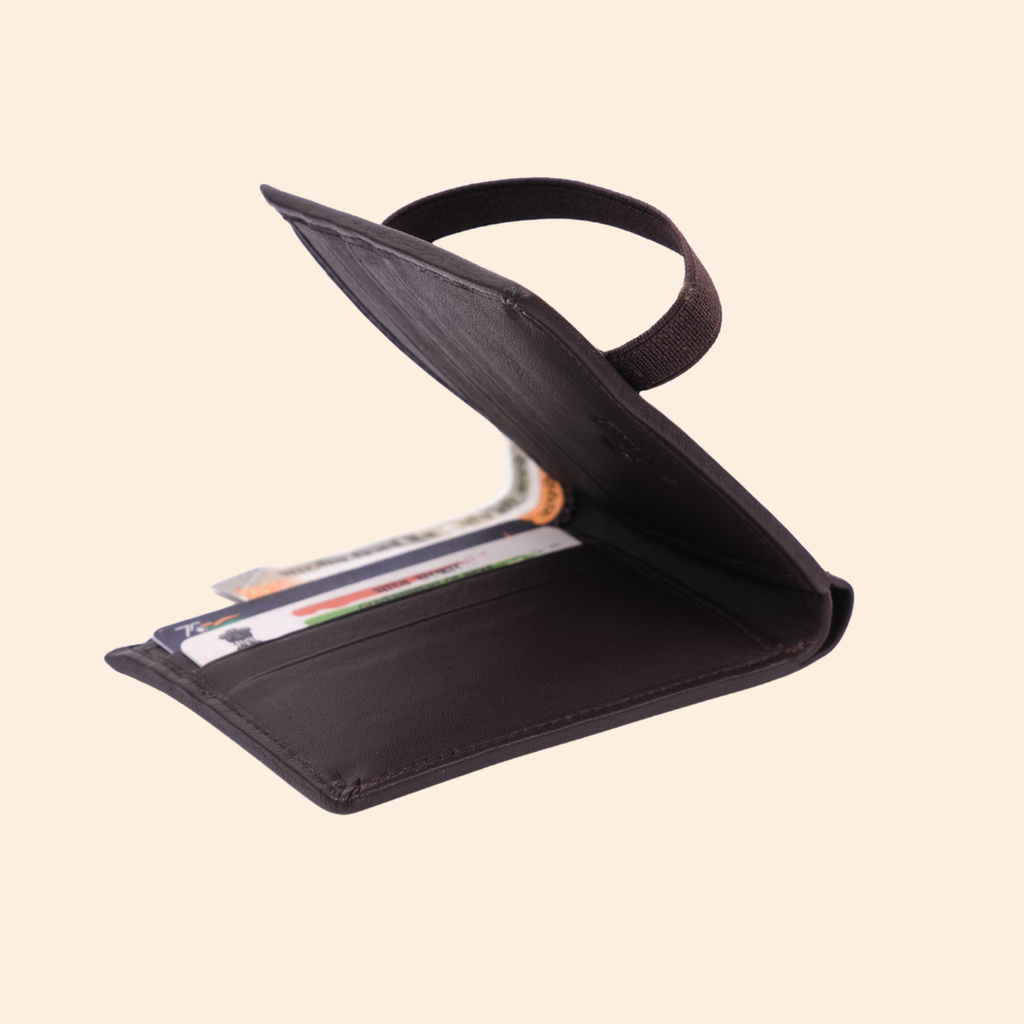 Dark Brown Slim Wallet for Men with Elastic Strap