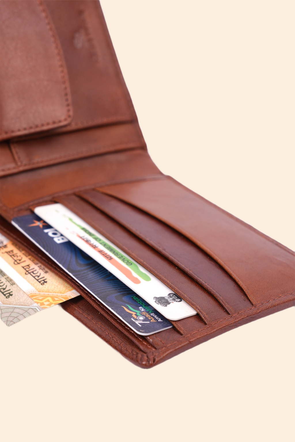 Premium Leather Wallet with Coin Pocket & ID Window for Men | Tan Brown