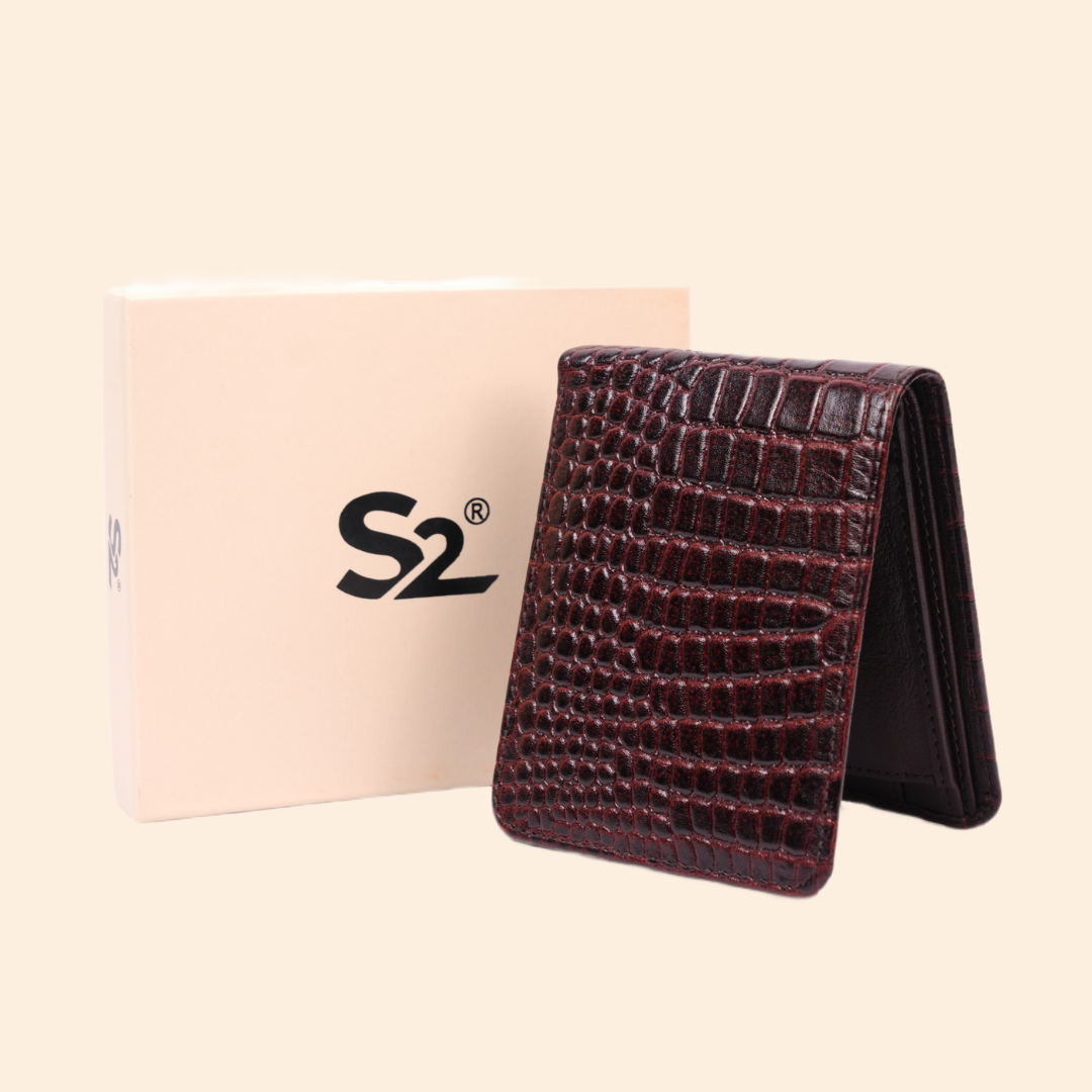 Premium Crocodile Pattern Genuine Leather Wallet for Men | RFID Protected | Burgundy Red Vertical Wallet