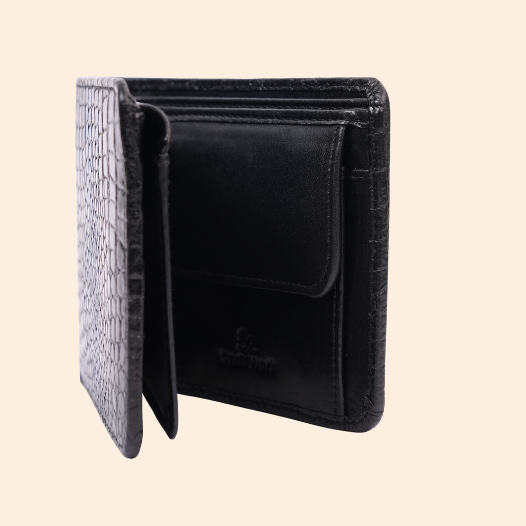 Premium Crocodile Pattern Genuine Leather Wallet for Men | RFID Protected | Black Vertical Wallet