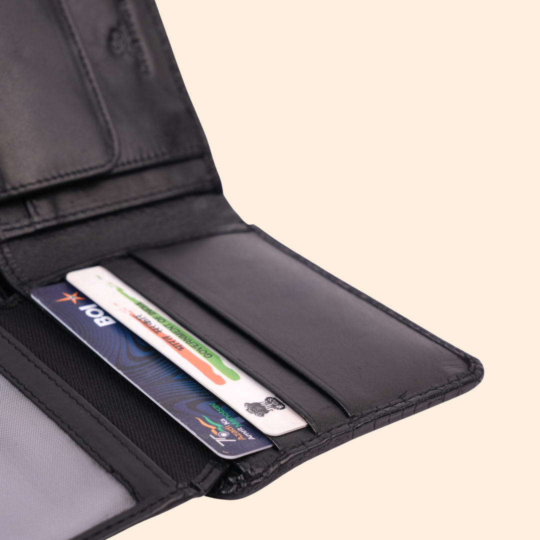 Premium Crocodile Pattern Genuine Leather Wallet for Men | RFID Protected | Black Vertical Wallet