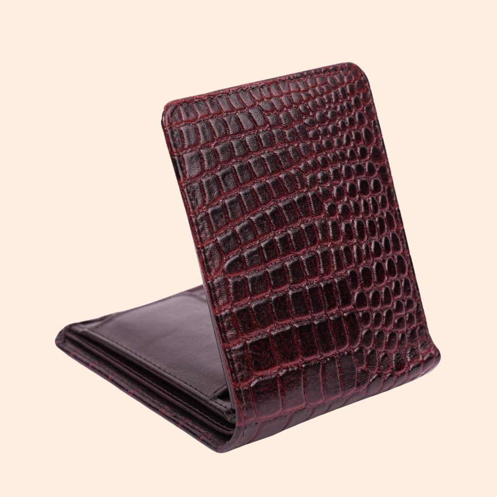Premium Crocodile Pattern Genuine Leather Wallet for Men | RFID Protected | Burgundy Red Vertical Wallet