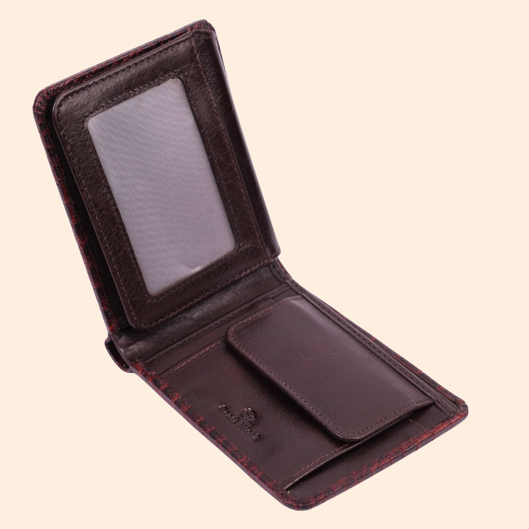 Premium Crocodile Pattern Genuine Leather Wallet for Men | RFID Protected | Burgundy Red Vertical Wallet