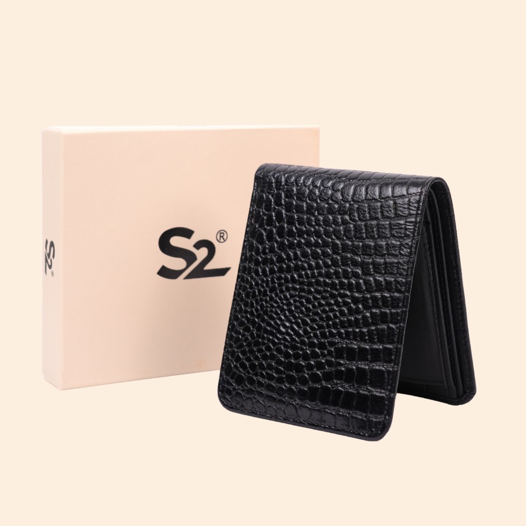 Premium Crocodile Pattern Genuine Leather Wallet for Men | RFID Protected | Black Vertical Wallet