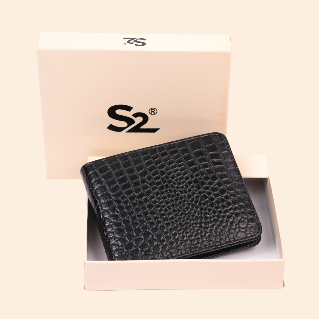 Premium Crocodile Pattern Genuine Leather Wallet for Men | RFID Protected | Black Vertical Wallet