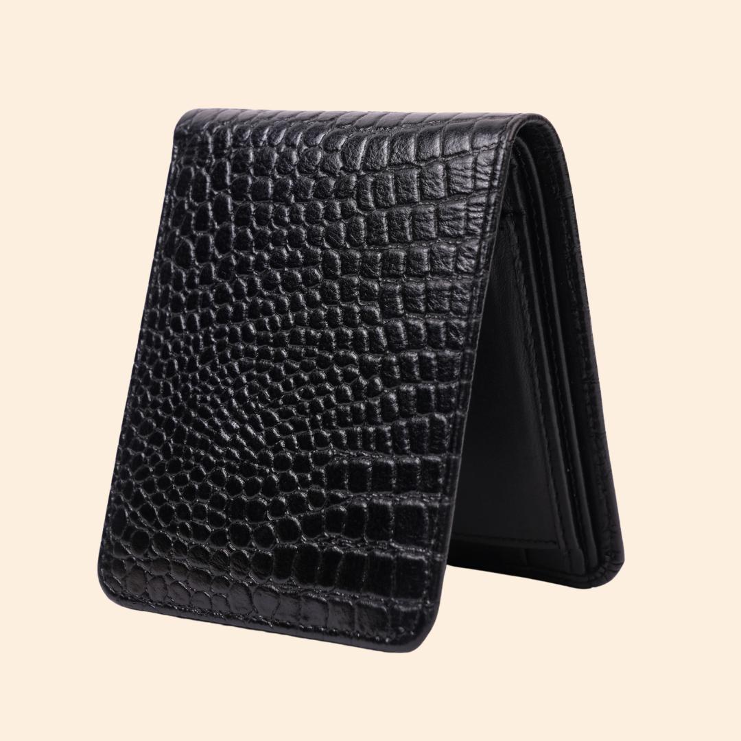 Premium Crocodile Pattern Genuine Leather Wallet for Men | RFID Protected | Black Vertical Wallet