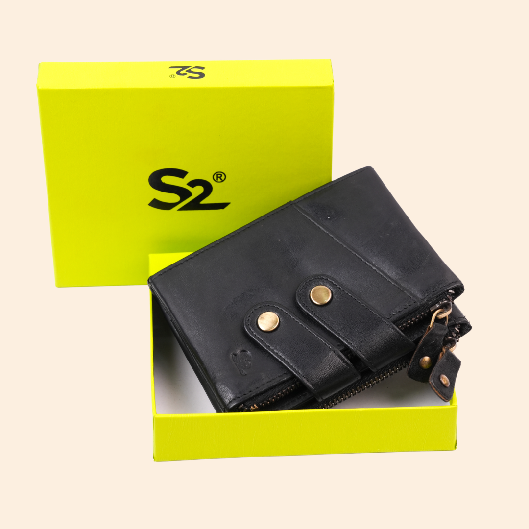 S2 Leather Black Zipper Wallet for Men