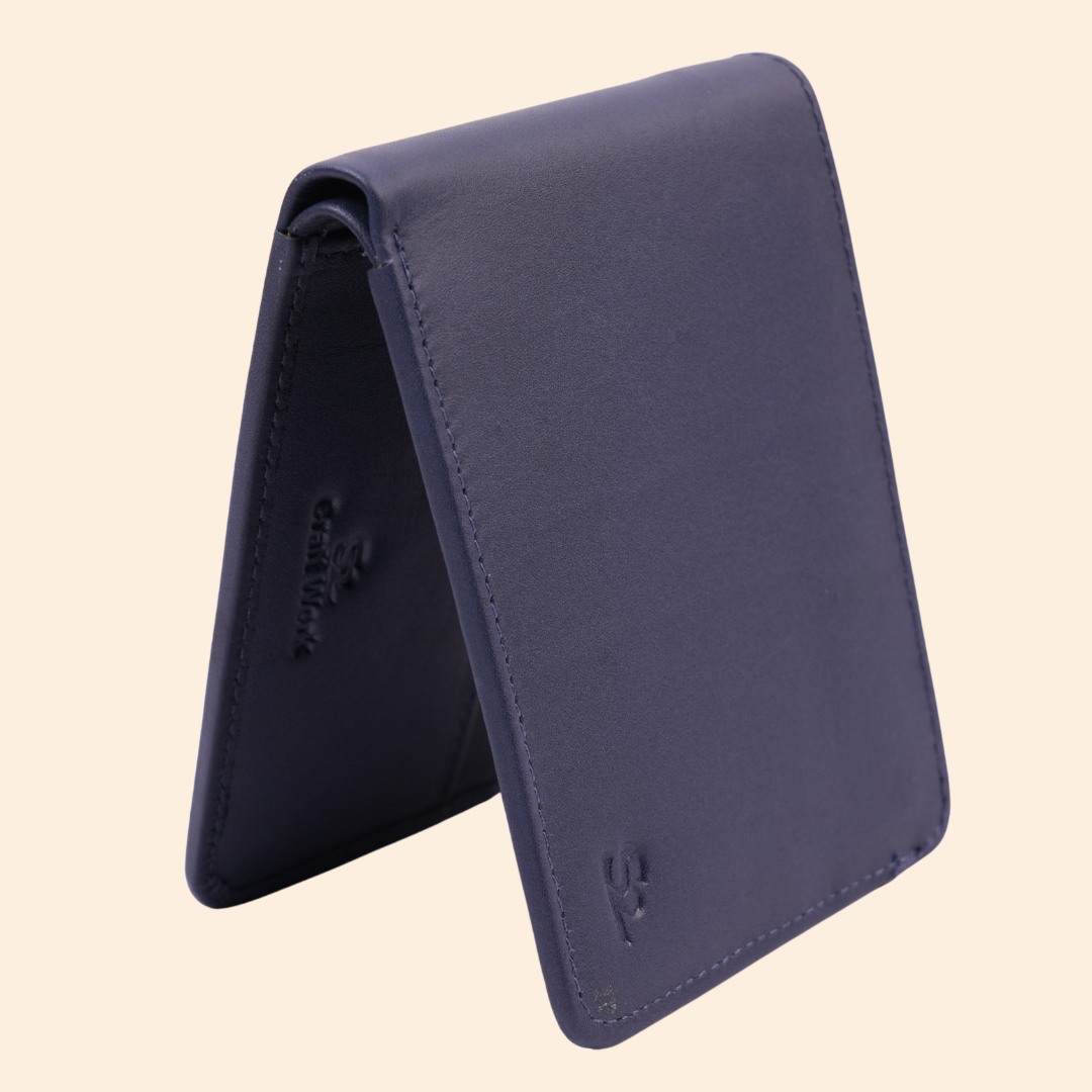Premium Leather Wallet with Coin Pocket & ID Window for Men | Navy Blue