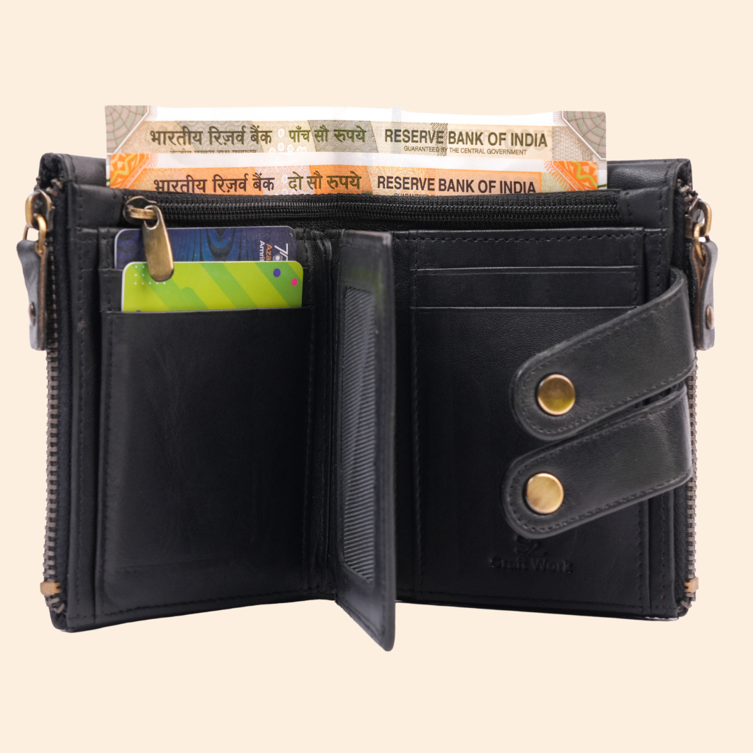 S2 Leather Black Zipper Wallet for Men