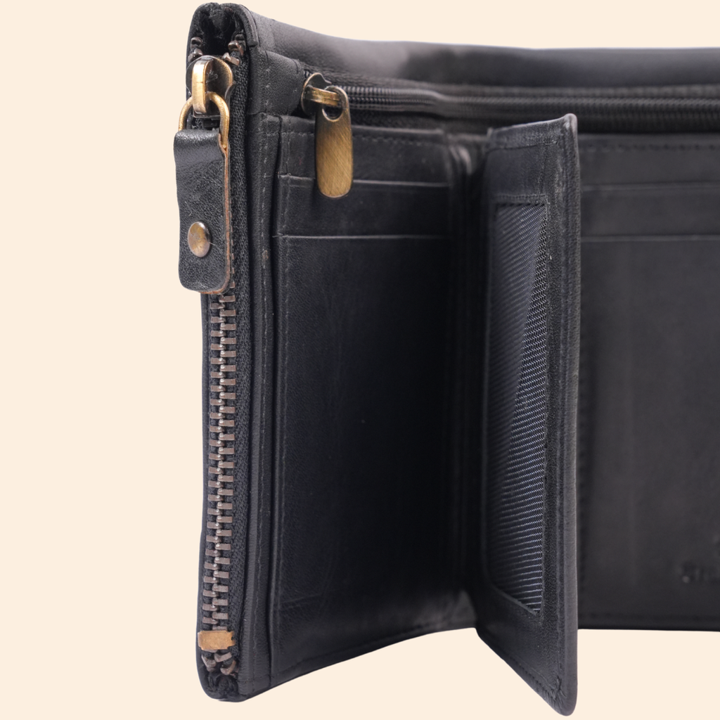 S2 Leather Black Zipper Wallet for Men